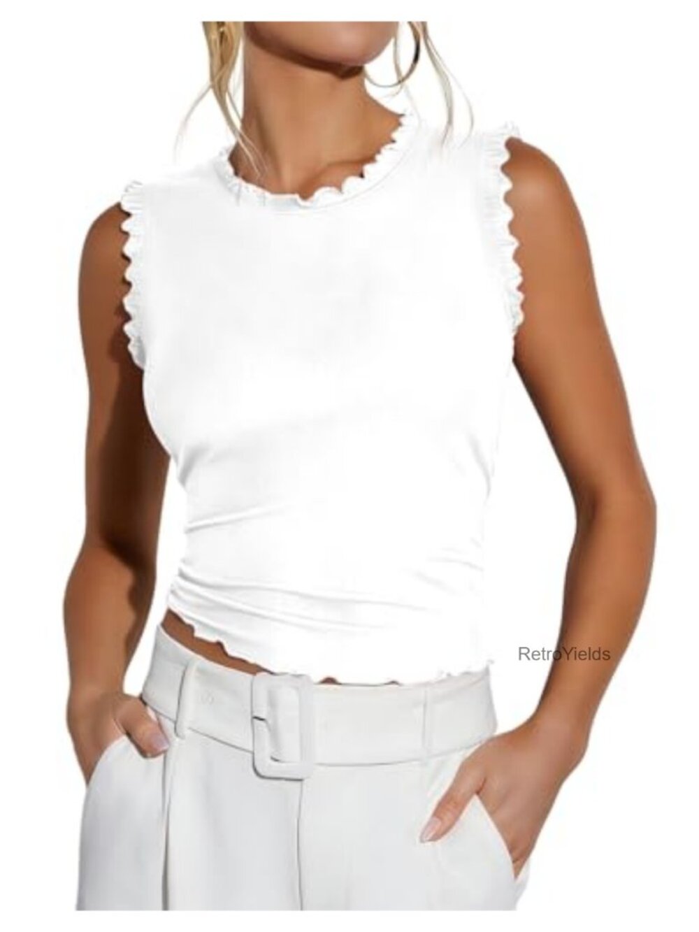 Women's Sleeveless Tank Top Ribbed Knit Ruffle Crop Summer